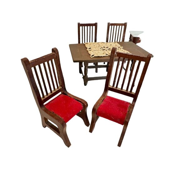 Vtg Dollhouse 1:12 Wood Dining Room Table Chairs China Hutch Shelf Buffet Rug - Picture 8 of 11